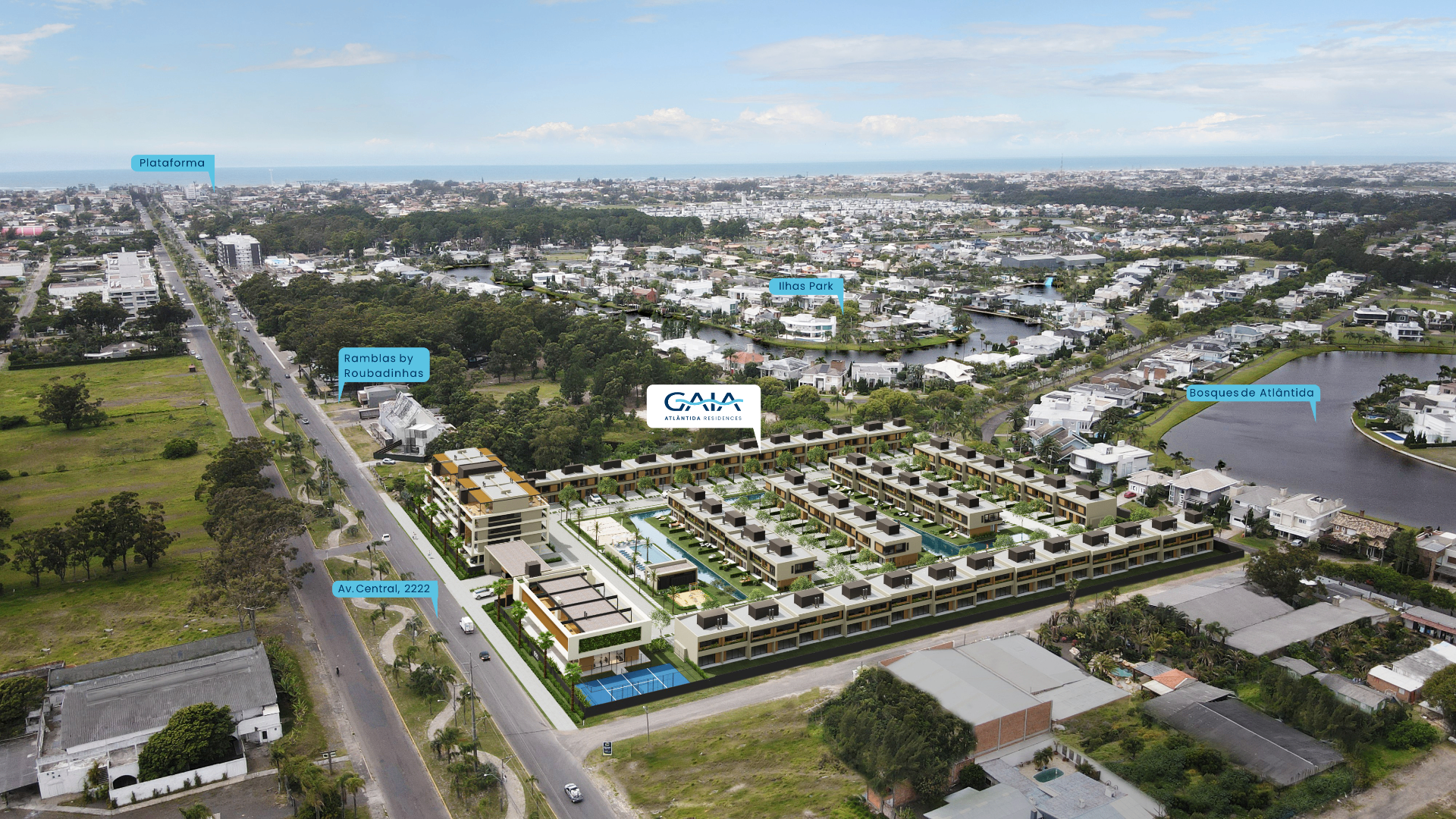 Mapa aéreo com a localização do Gaia Atlântida e proximidades — Ilhas Park, Bosques de Atlântida, Ramblas by Roubadinhas e Plataforma
